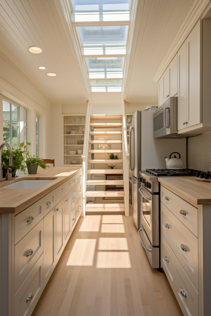 A kitchen with a skylight, utilizing vertical space for storage.