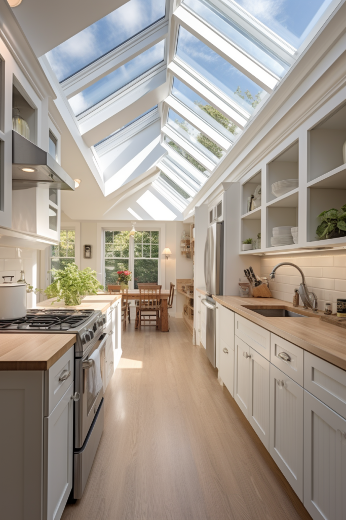 A kitchen utilizing vertical space with a skylight in the middle.