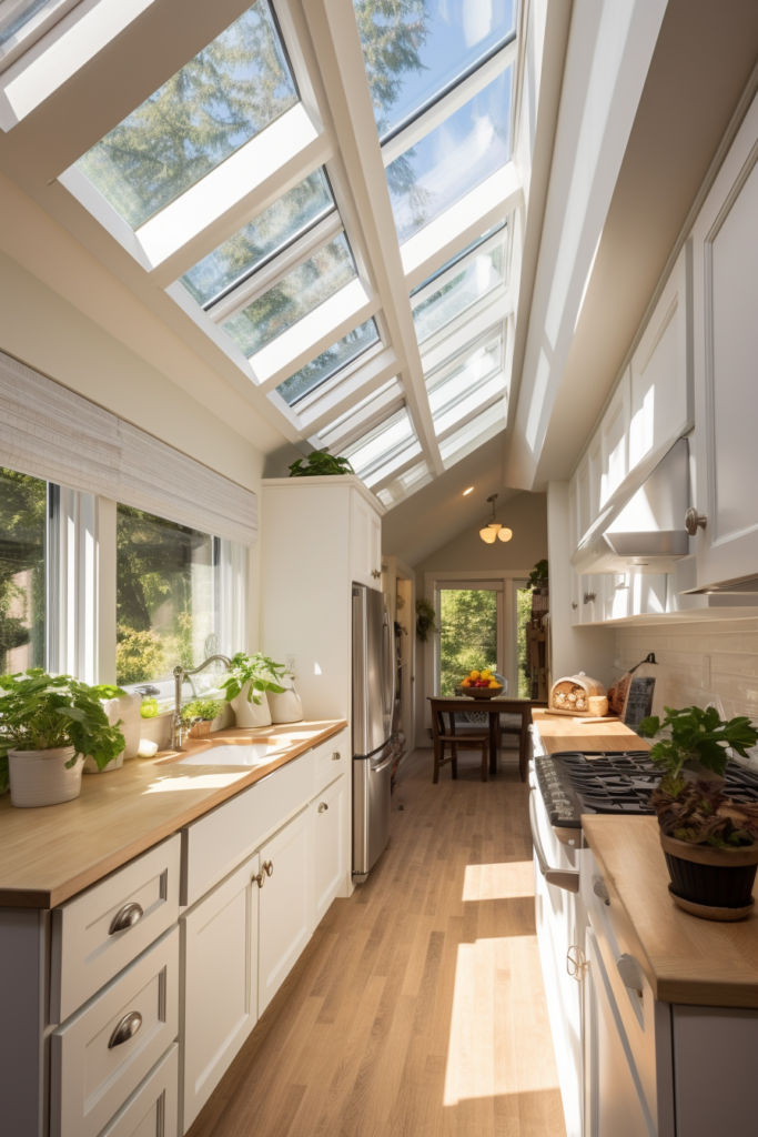 A kitchen with a skylight in the ceiling, offering ample vertical space for storage and decoration.