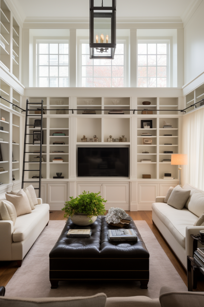 A white living room with a tv on the wall, utilizing vertical space for storage and decoration.