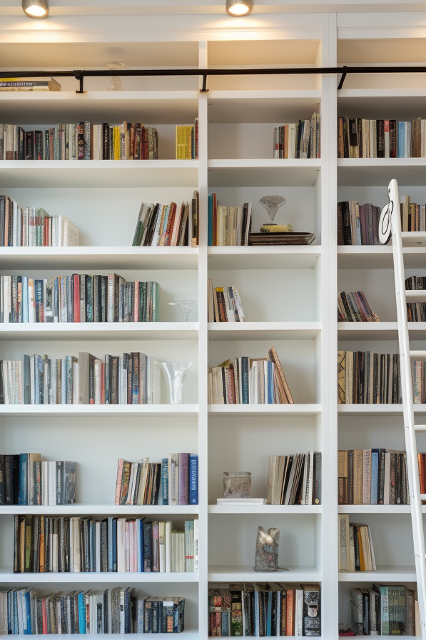 Utilizing vertical space for storage, this white bookcase showcases a ladder in front of it.