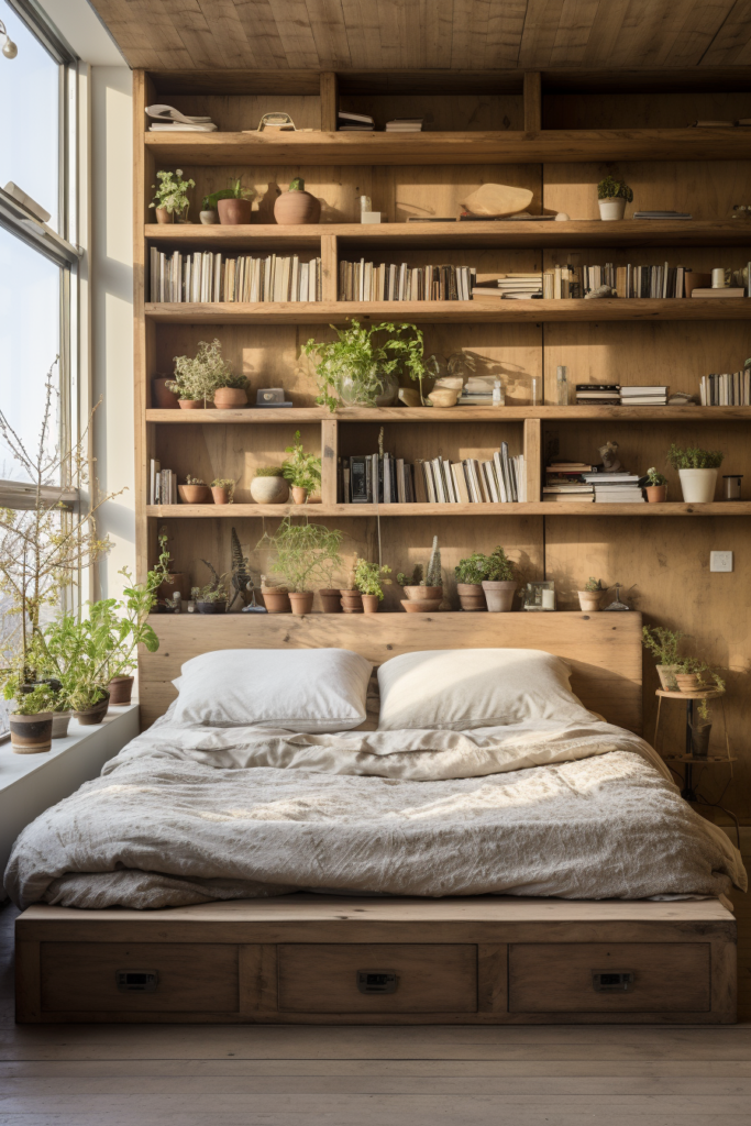 A bed in a room utilizing vertical space with bookshelves providing storage.