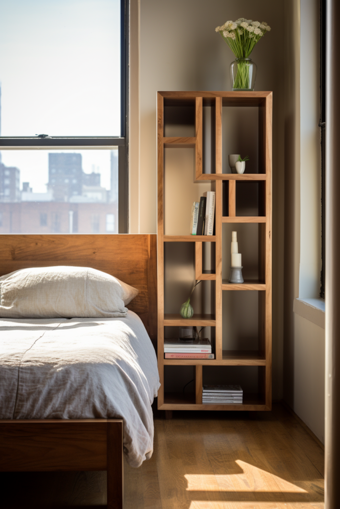 A bedroom with a bed and a book shelf for storage.