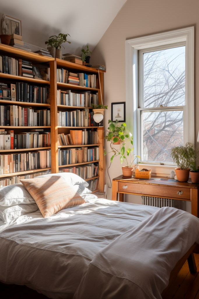Utilizing vertical space, this room features a bed with bookshelves for convenient storage.