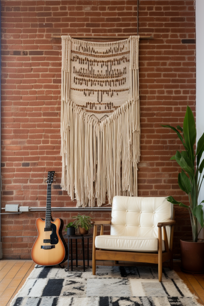 Utilizing vertical space, this living room features a guitar hanging on the wall serving as unique storage.