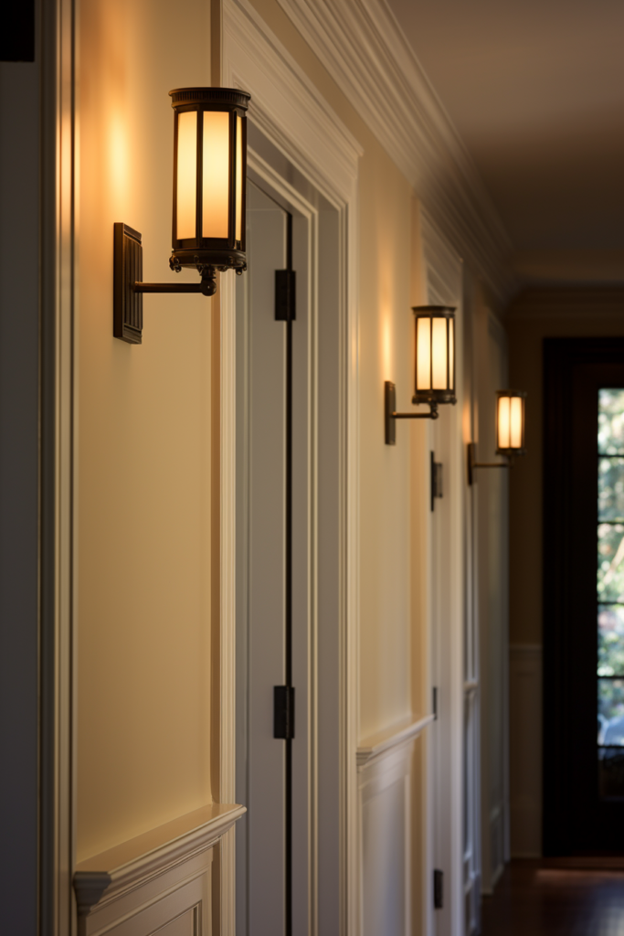 A hallway with two light fixtures and a doorway, utilizing vertical space for storage.