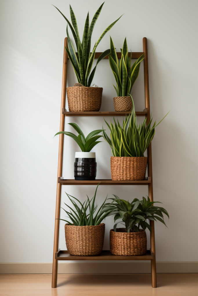 A wooden ladder with plants utilizing vertical space on a white wall.