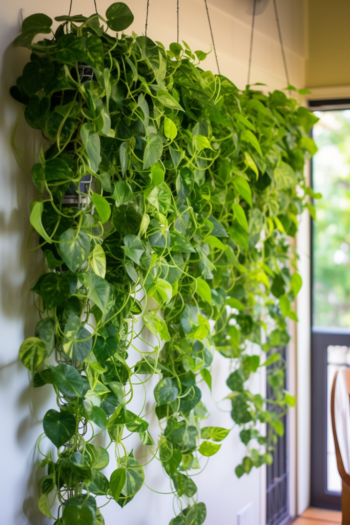 Ivy plants hanging from a wall in a living room, adding decoration to the vertical space.