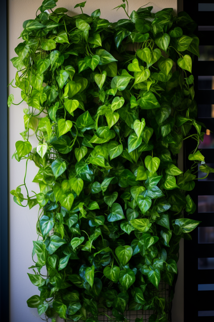 A green plant serving as a decoration, hanging on a wall next to a window and utilizing vertical space.