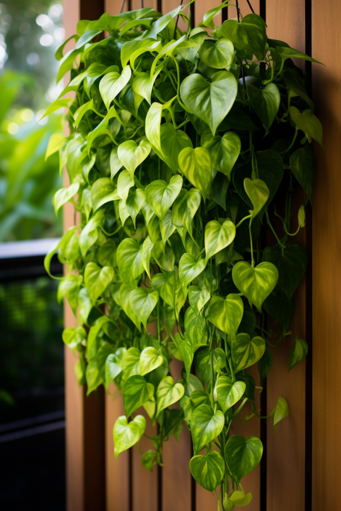 Utilizing vertical space, a green plant hangs on a wooden wall.