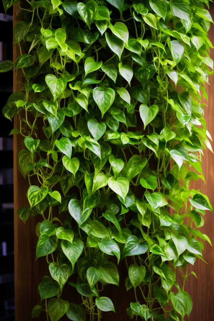 A green plant utilizing vertical space on a wooden wall.