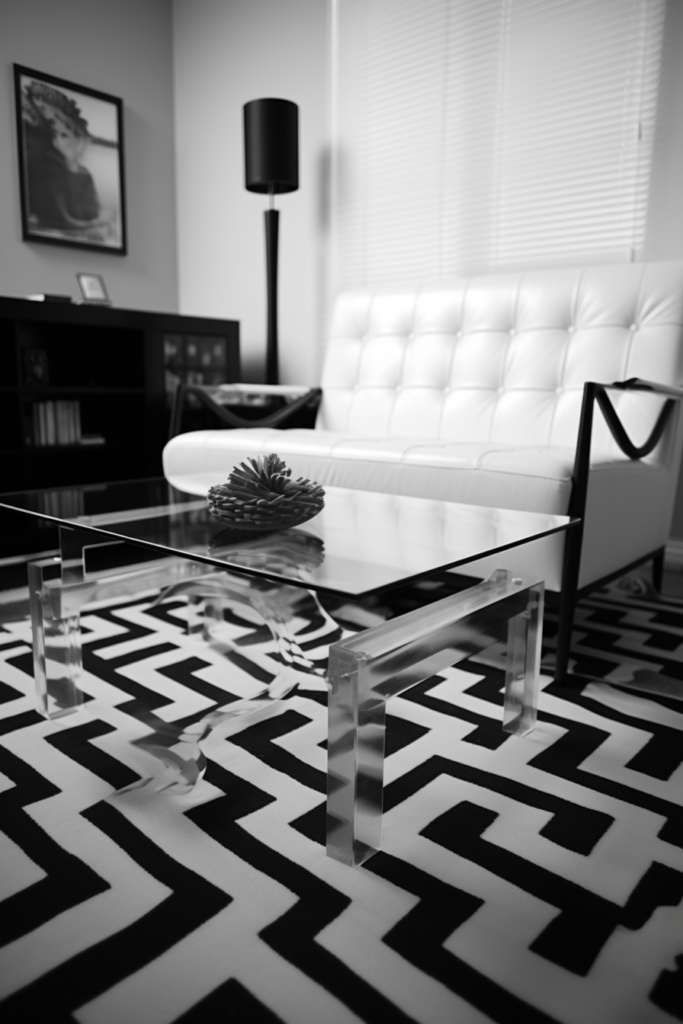 A monochromatic photo of a living room with a coffee table showcases timeless home decor.
