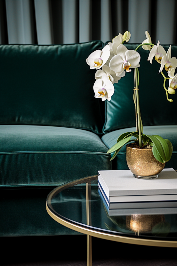 A trendy green velvet couch perfect for home decor in 2024's color trends.