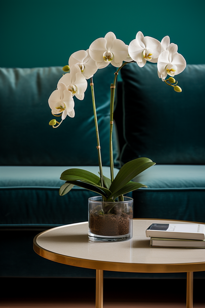 A white orchid, highlighting current color trends in home decor, elegantly displayed in a vase on a table next to a couch.