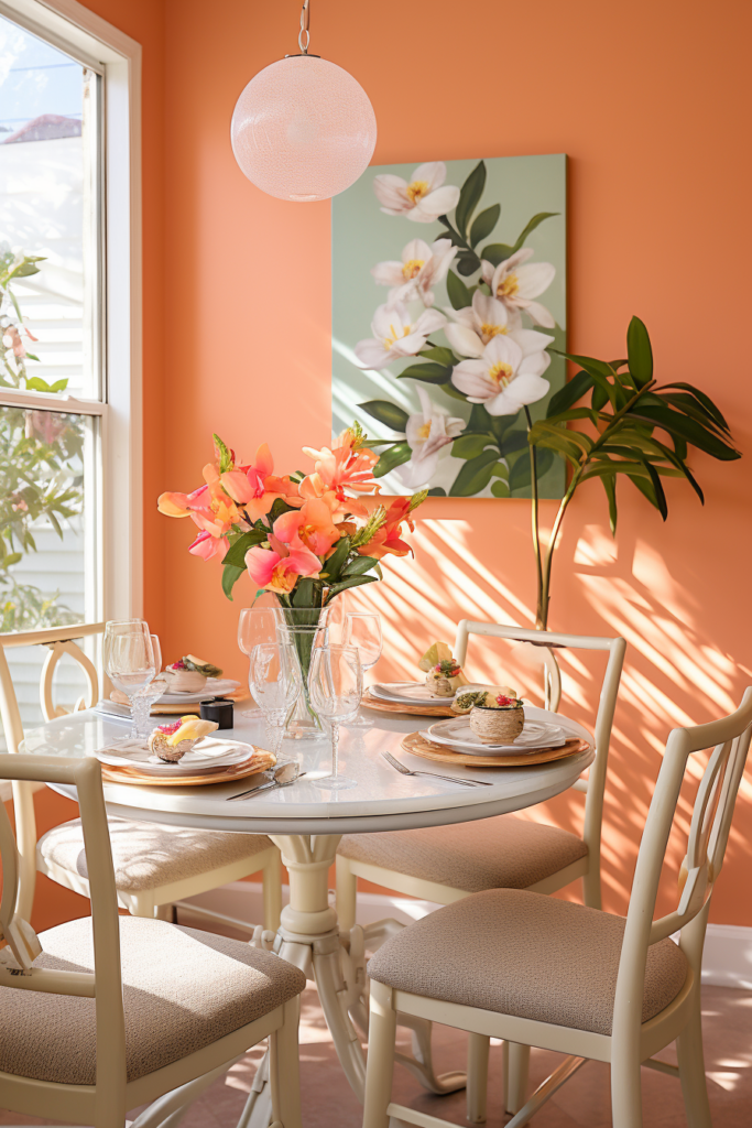 A dining room with an orange wall, following the latest color trends in home decor.