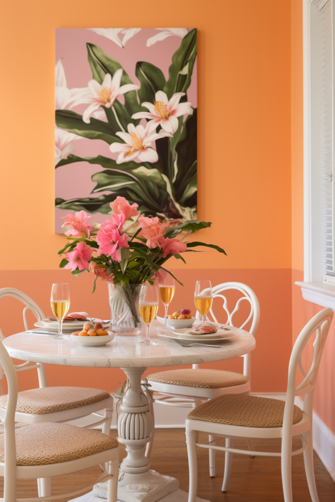 Explore this trendy dining room with vibrant orange walls and a sleek white table and chairs. The perfect combination of modern color trends and stylish home decor.