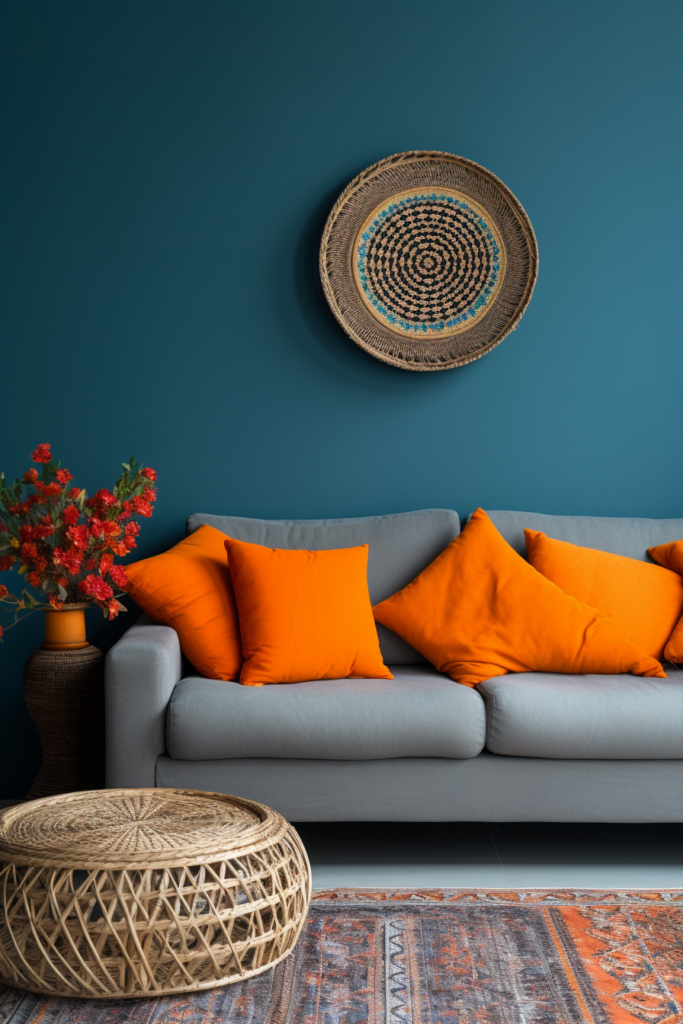         A grey couch in a living room with vibrant orange pillows, adding a dash of color to your home decor.