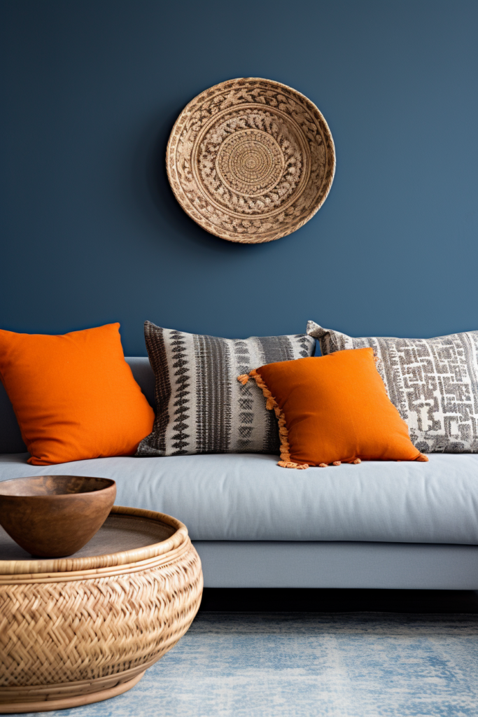 Embrace the latest color trends with a vibrant blue couch complemented by eye-catching orange pillows and a charming wicker basket, enhancing your home decor effortlessly.
