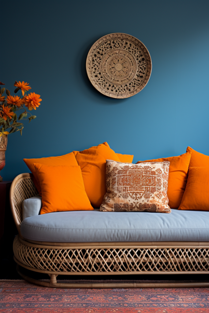 A wicker couch in a living room, adding a touch of the latest Color Trends and Home Decor for 2024.