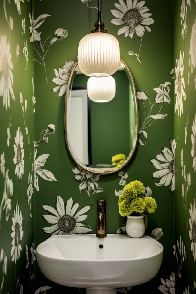 A trendy and stylish bathroom featuring a vivid green and white color palette, adorned with charming floral wallpaper.