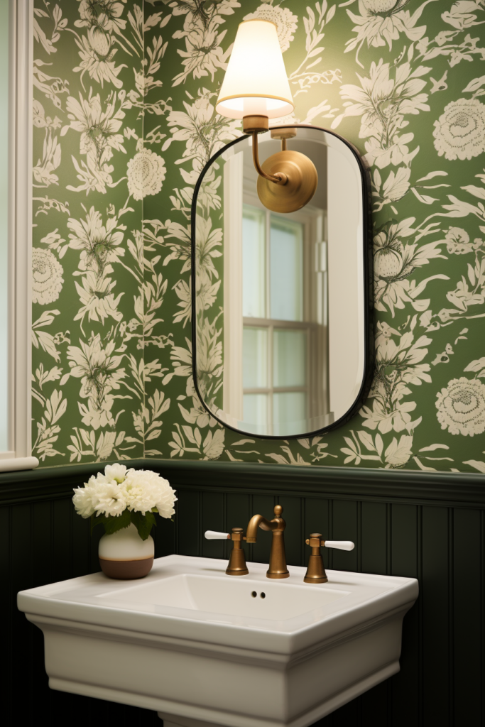 Experience the latest color trends in home decor with our bathroom featuring green wallpaper and a white sink.
