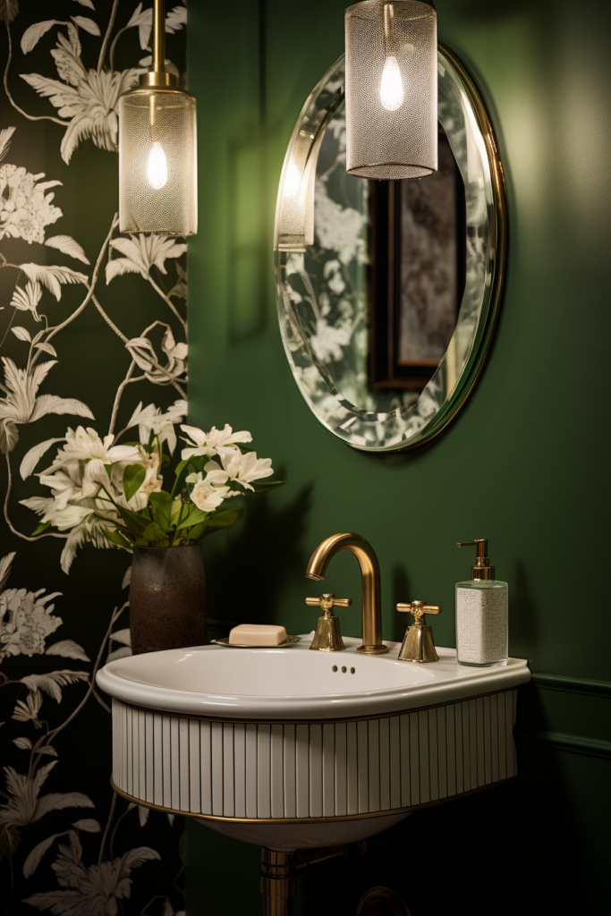 A bathroom with a sink and a mirror, featuring the latest color trends.
