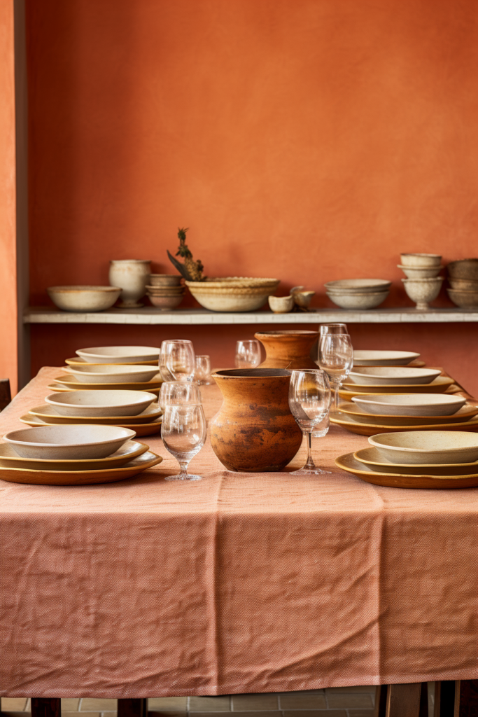 A table set with plates and bowls in front of an orange wall, showcasing trendy home decor.