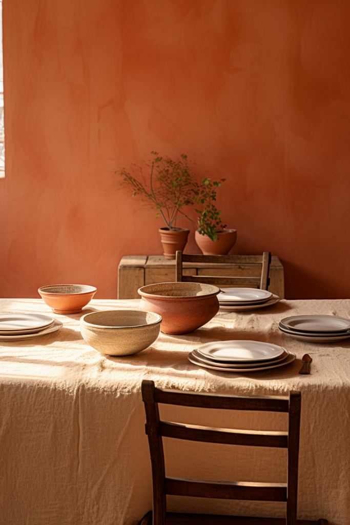 A table set with plates and bowls, showcasing the latest color trends in home decor.