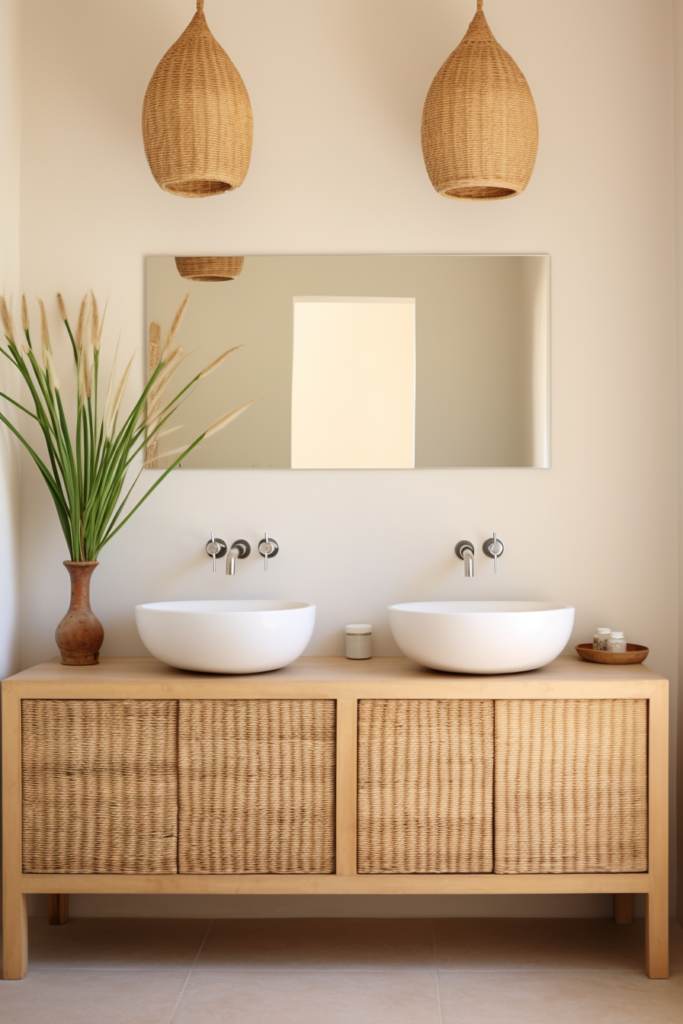 Two wooden sinks in a bathroom, perfect for adding a touch of home decor to your space.