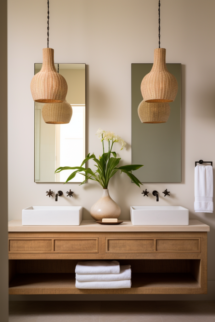 A bathroom with two sinks and two mirrors that embodies the latest color trends in home decor.