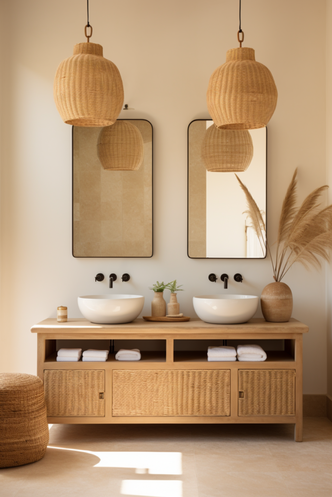 A modern bathroom with two sinks and two mirrors, featuring sleek design elements and on-trend color schemes for 2024 home decor.