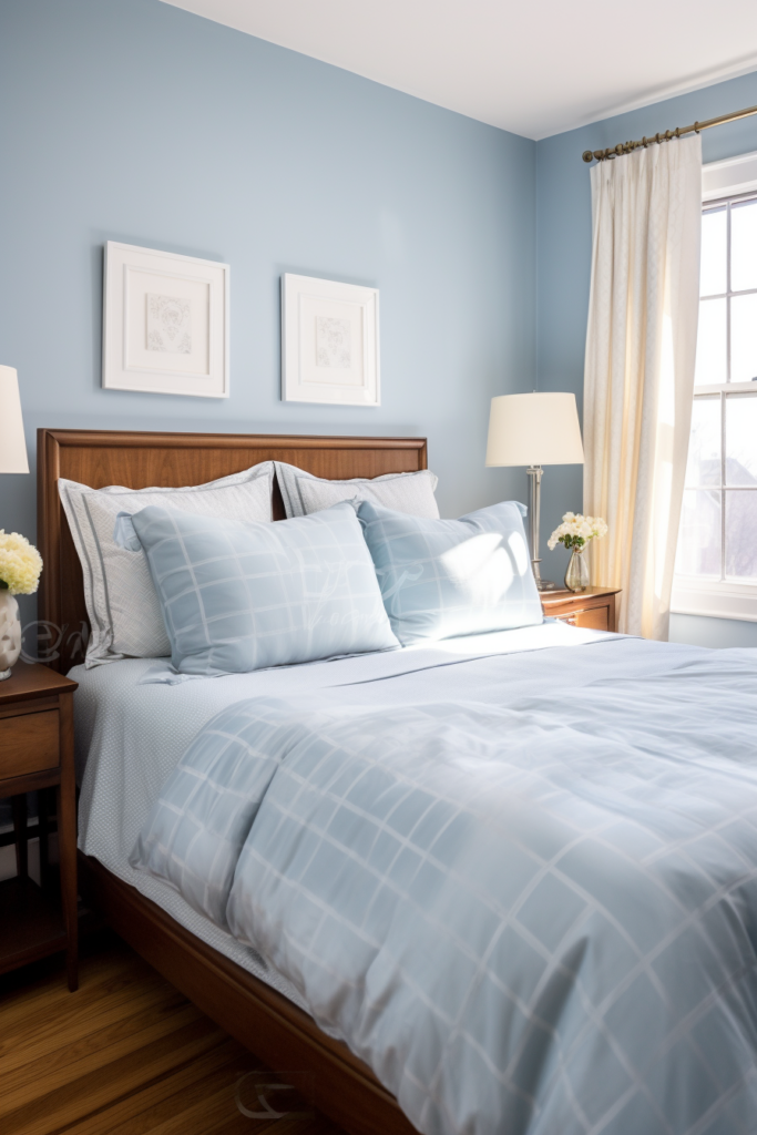 A trendy blue comforter adds a touch of 2024 color trends to the bed, enhancing the home decor.