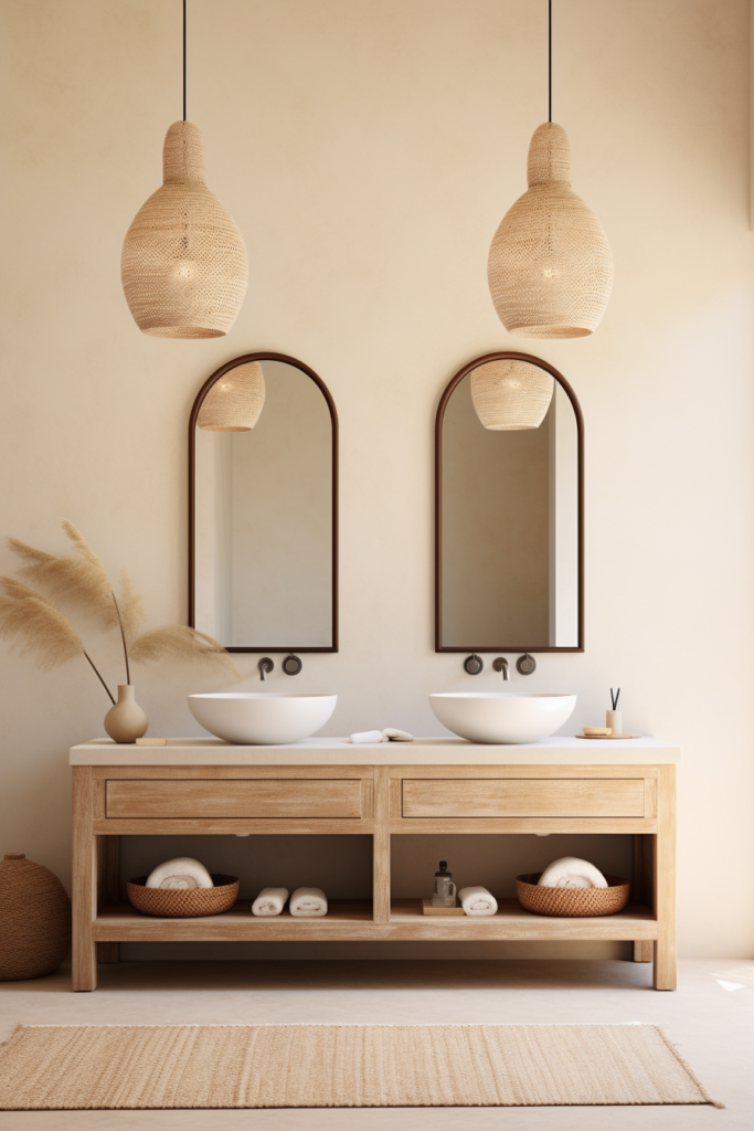 A bathroom with two sinks and two mirrors, perfect for stylish home decor.