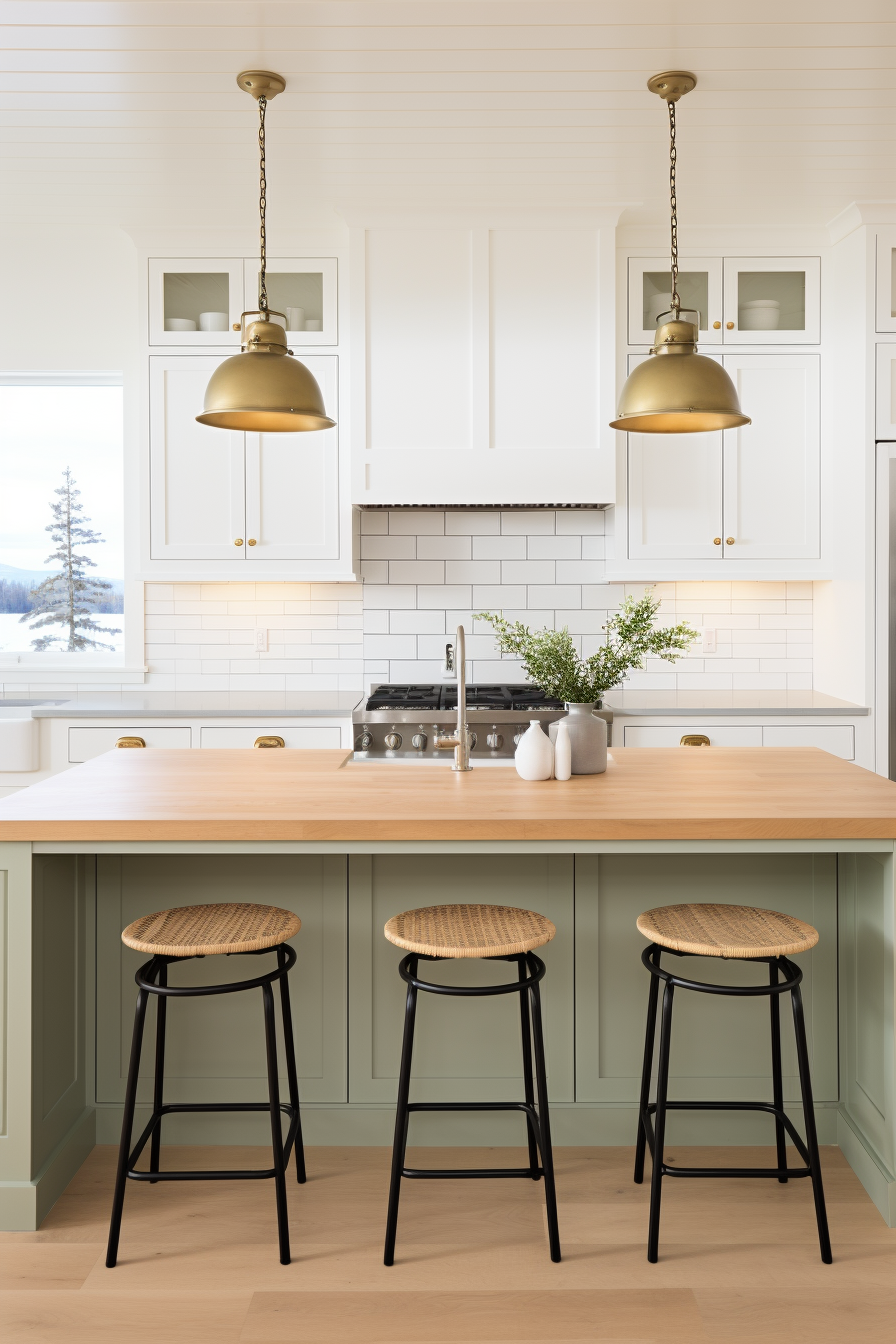 Explore the latest color trends for home decor with this stunning white kitchen featuring a vibrant green island and modern stools.