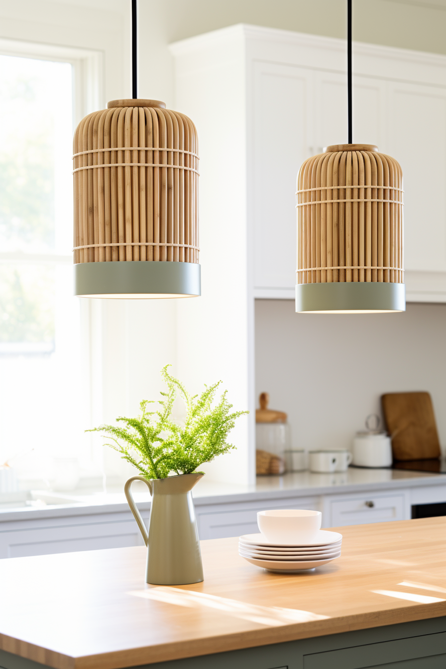 Two rattan pendant lights hanging over a kitchen counter, adding a touch of home decor.
