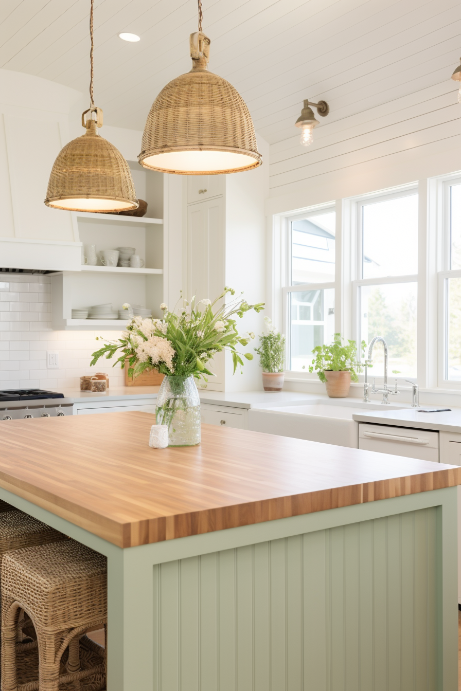 A trendy white kitchen with a vibrant green island that adds a pop of color to your home decor.