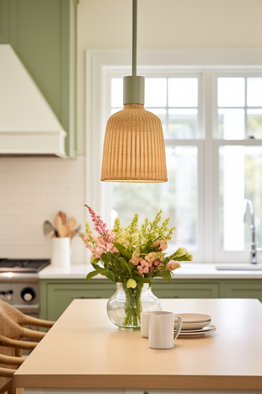 A kitchen with green cabinets and a green pendant light that embraces the Home Decor Color Trend of 2024.