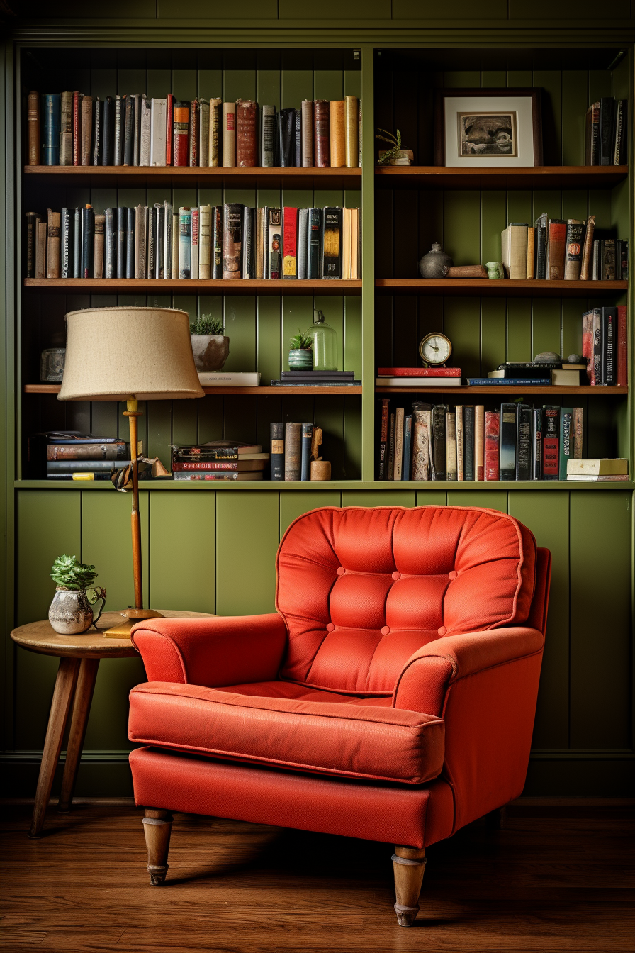 A trendy chair in front of a stylish bookcase.