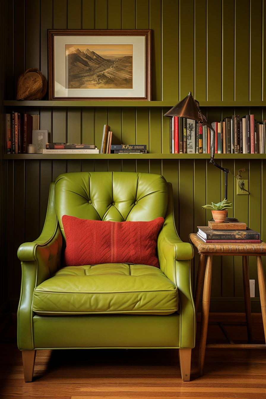 A stylish green leather chair adds a pop of color to a room filled with bookshelves, making it the perfect addition to any home decor.