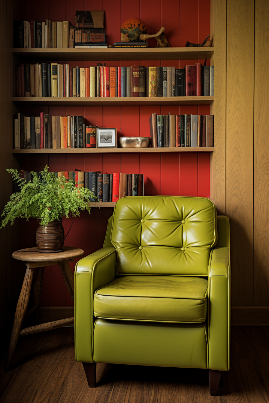 A trendy green leather chair adds a stylish touch in front of a bookshelf, perfectly complementing the color trends of 2024.