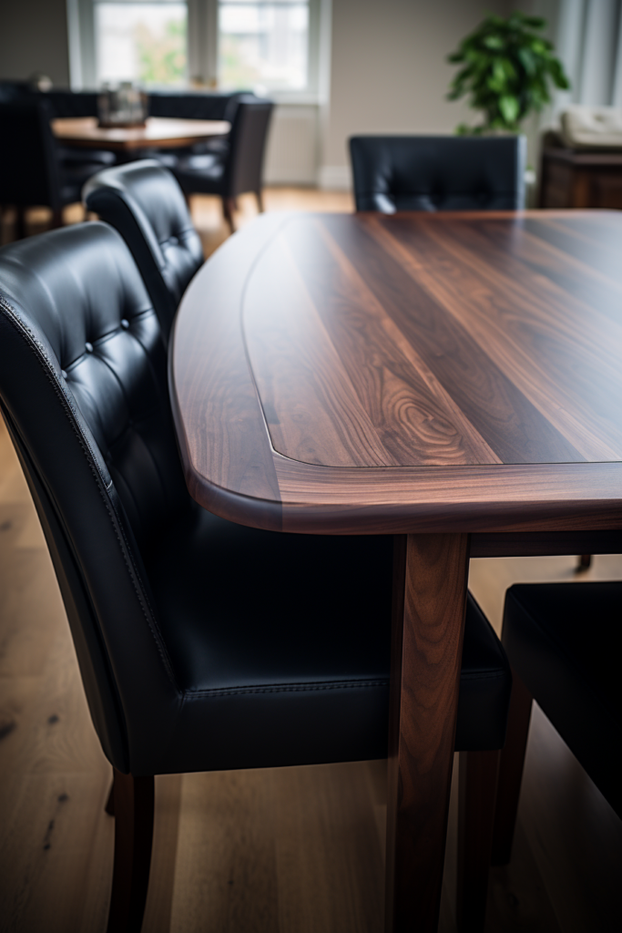 A stunning dining table with sleek black leather chairs, perfect for an on-trend home decor.