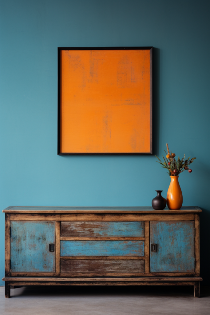 A trendy blue wall adorned with a captivating painting, enhancing the 2024 home decor aesthetics.