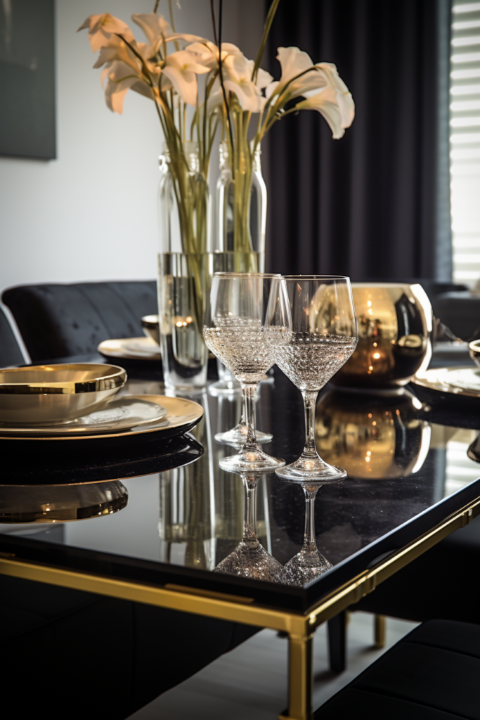 A stylish black and gold dining table adorned with a stunning vase of flowers, perfect for adding a touch of elegance to your home decor.