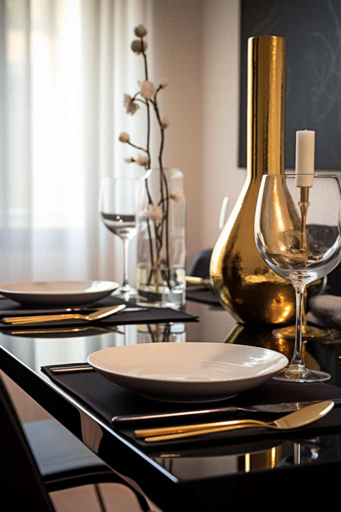 A trendy gold vase adds elegant flair to a sleek black table in this stylish home decor arrangement.