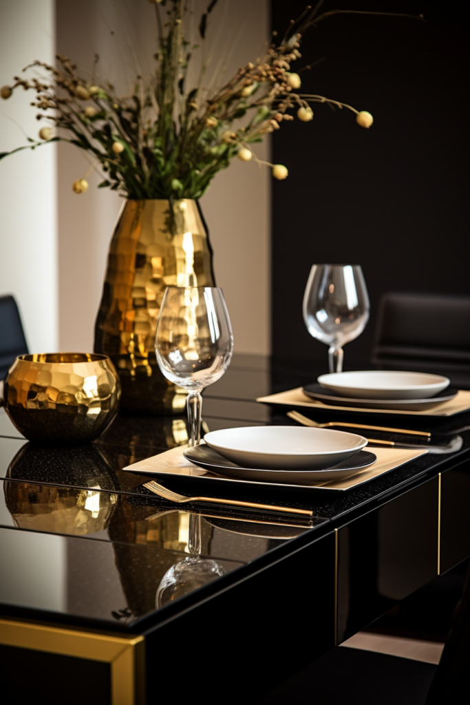 A striking black and gold dining table that effortlessly blends into modern home decor while incorporating the latest color trends.