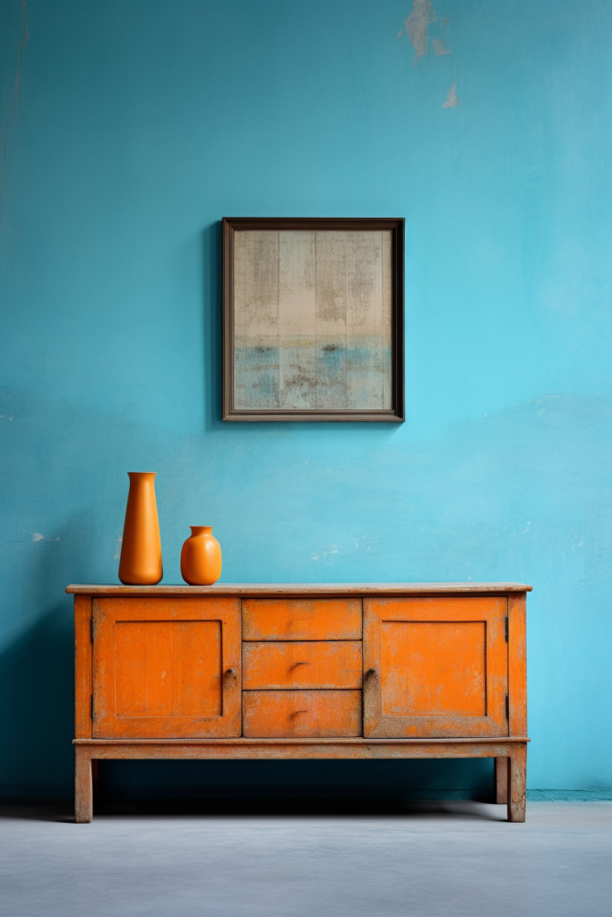 A trendy orange dresser stands against a vibrant blue wall, adding a vibrant pop of color to any home decor.