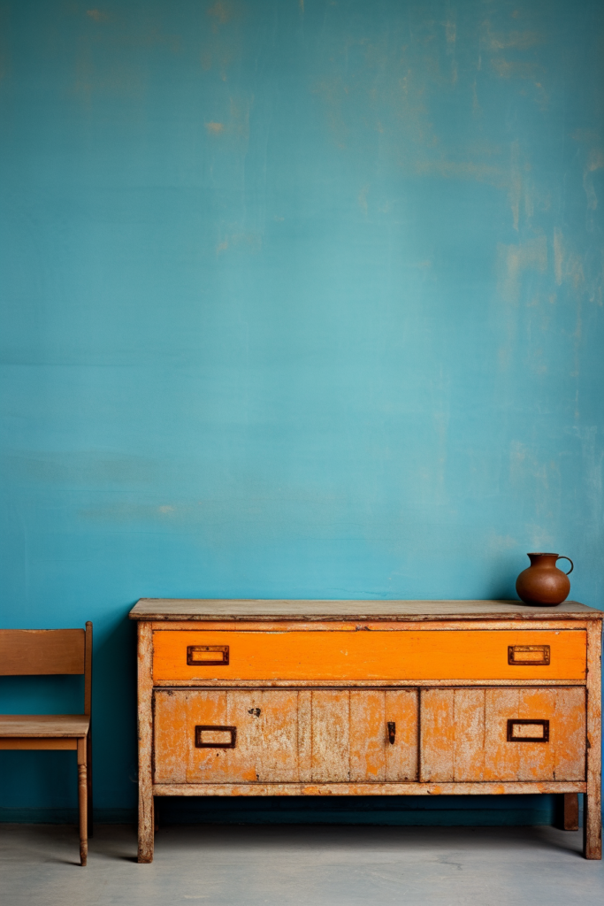 A vibrant orange dresser adds a pop of color to the modern home decor, perfectly accentuating the trendy blue wall.