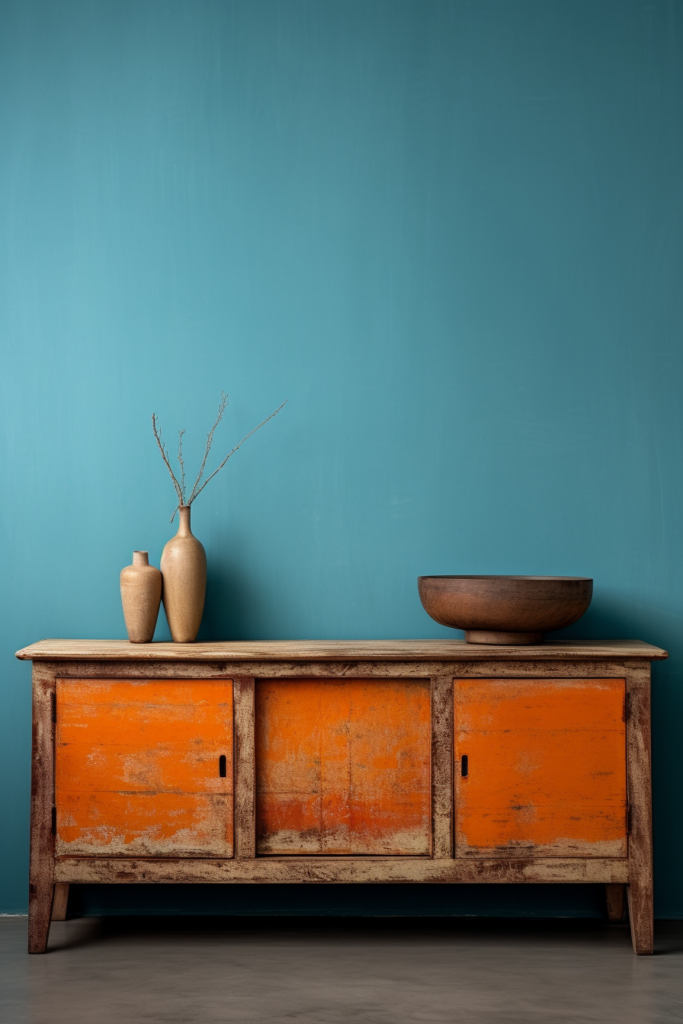 An orange dresser in front of a blue wall showcasing the latest 2024 home decor color trends.