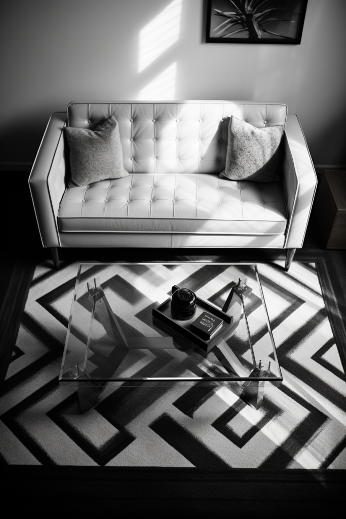 A black and white photo showcasing the latest home decor trend with a classic couch and coffee table.