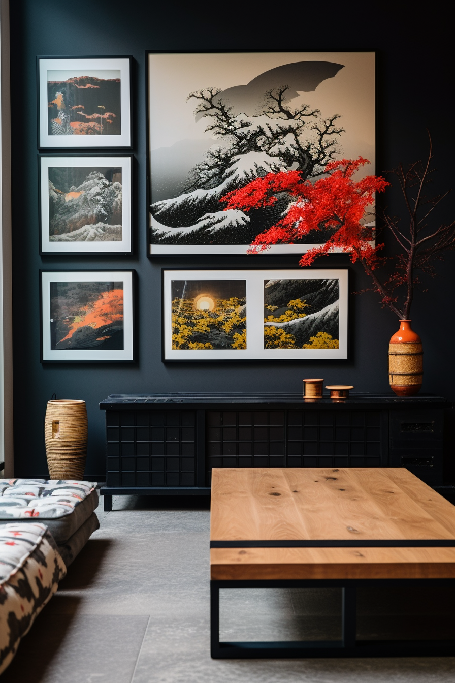 A large living room with black walls adorned with Japanese framed pictures.